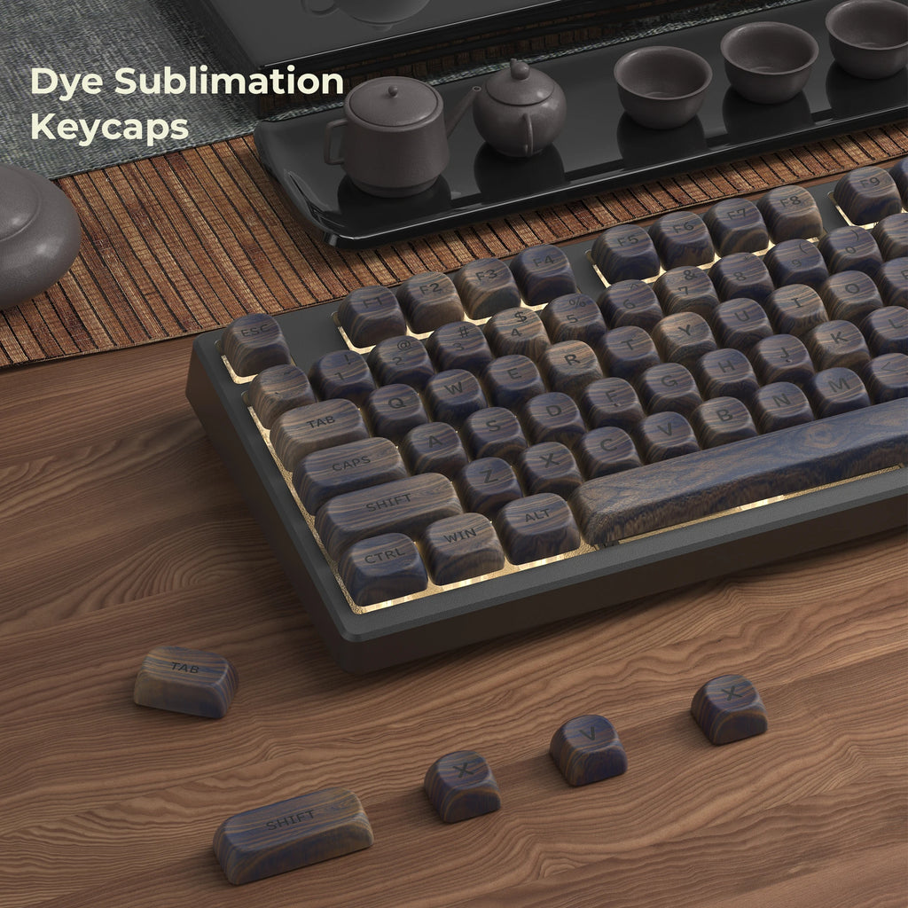 Dark Walnut Keycap Set with dye sublimation keys on a mechanical keyboard, showcasing wood texture by HighPeak.