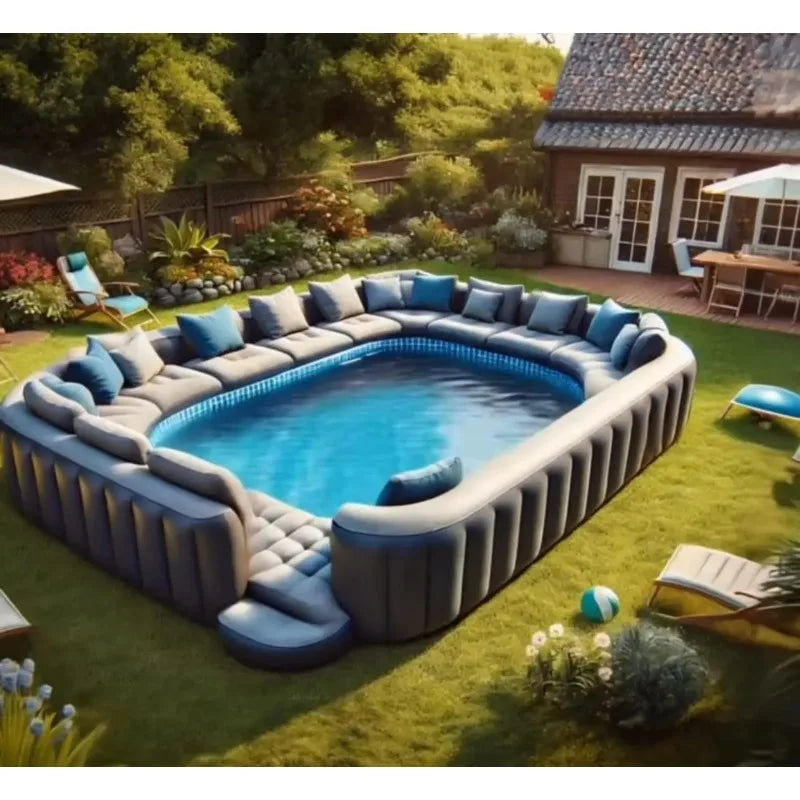 HighPeak Inflatable Sofa Pool in gray with built-in lounge seating set up on a sunny backyard lawn for summer fun