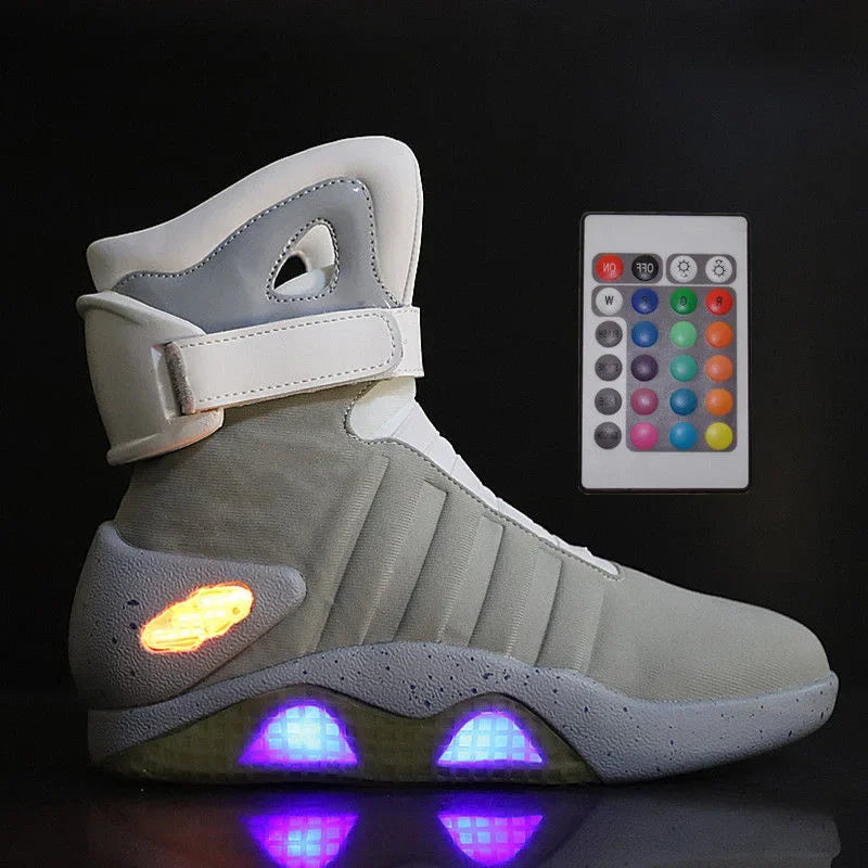 NeoVolt Sneakers by HighPeak in grey with LED lights and wireless remote control showcasing futuristic style and rechargeable features