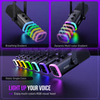 Arcwave Mic in black with RGB lighting effects showing breathing, dynamic, and static colors for streaming and recording by HighPeak