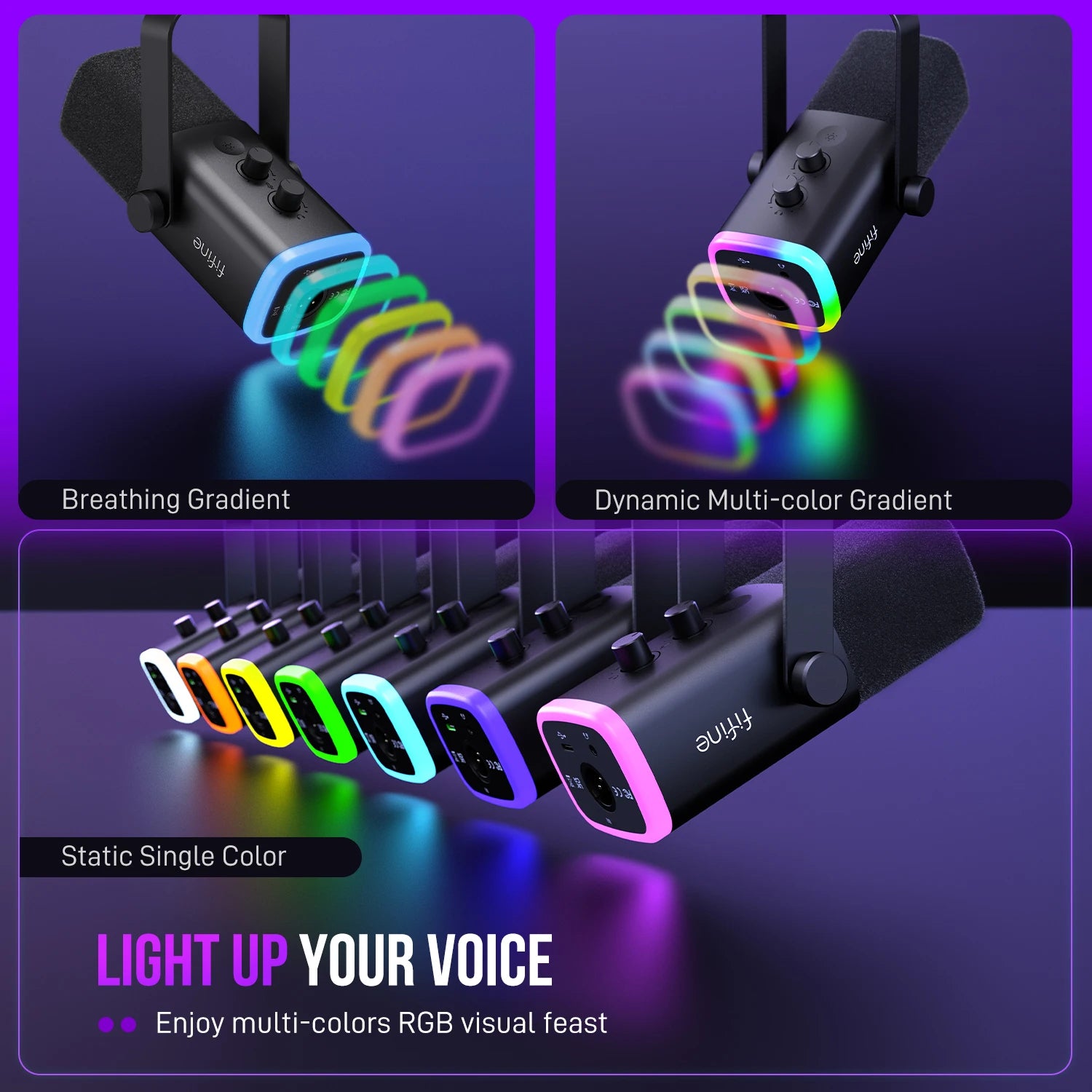 Arcwave Mic in black with RGB lighting effects showing breathing, dynamic, and static colors for streaming and recording by HighPeak