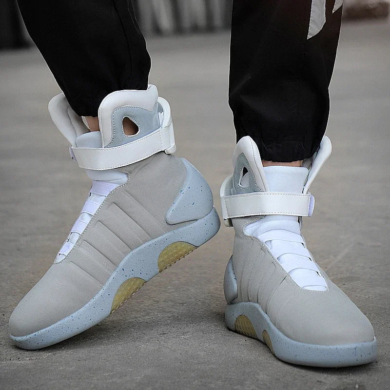 NeoVolt Sneakers in light gray with white straps, high-top design, and cushioned sole on concrete floor by HighPeak