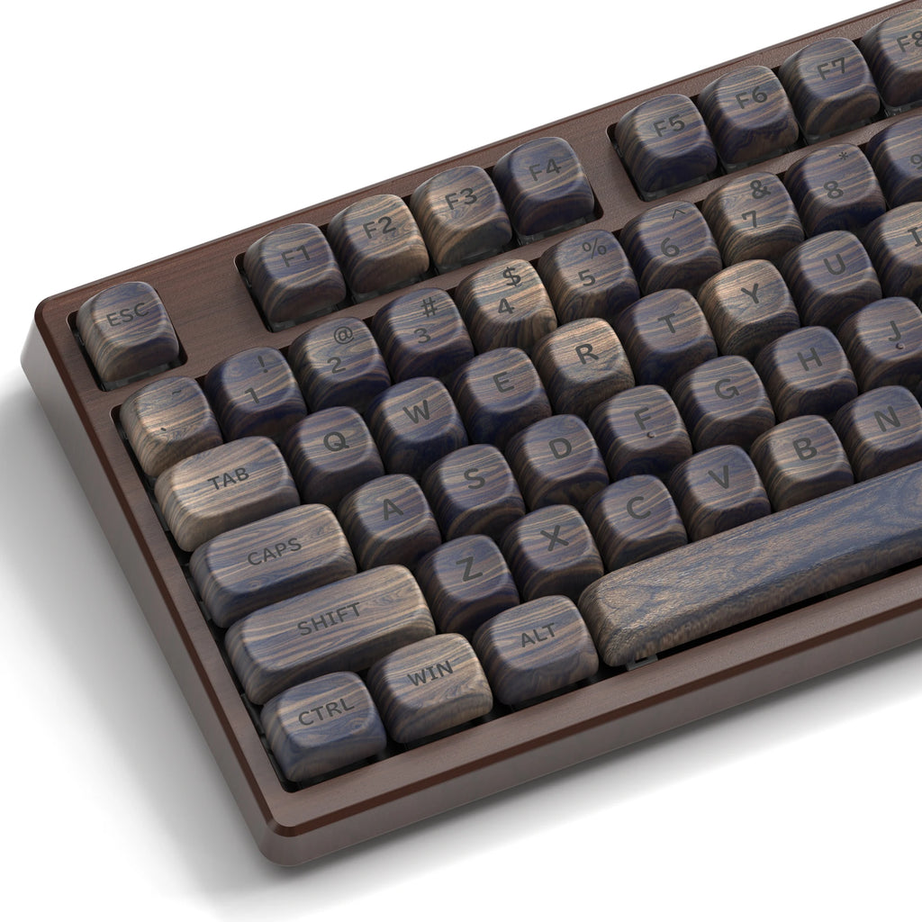 HighPeak Dark Walnut Keycap Set on mechanical keyboard featuring dark wood texture and dye-sub PBT keys for durable Cherry MX compatibility