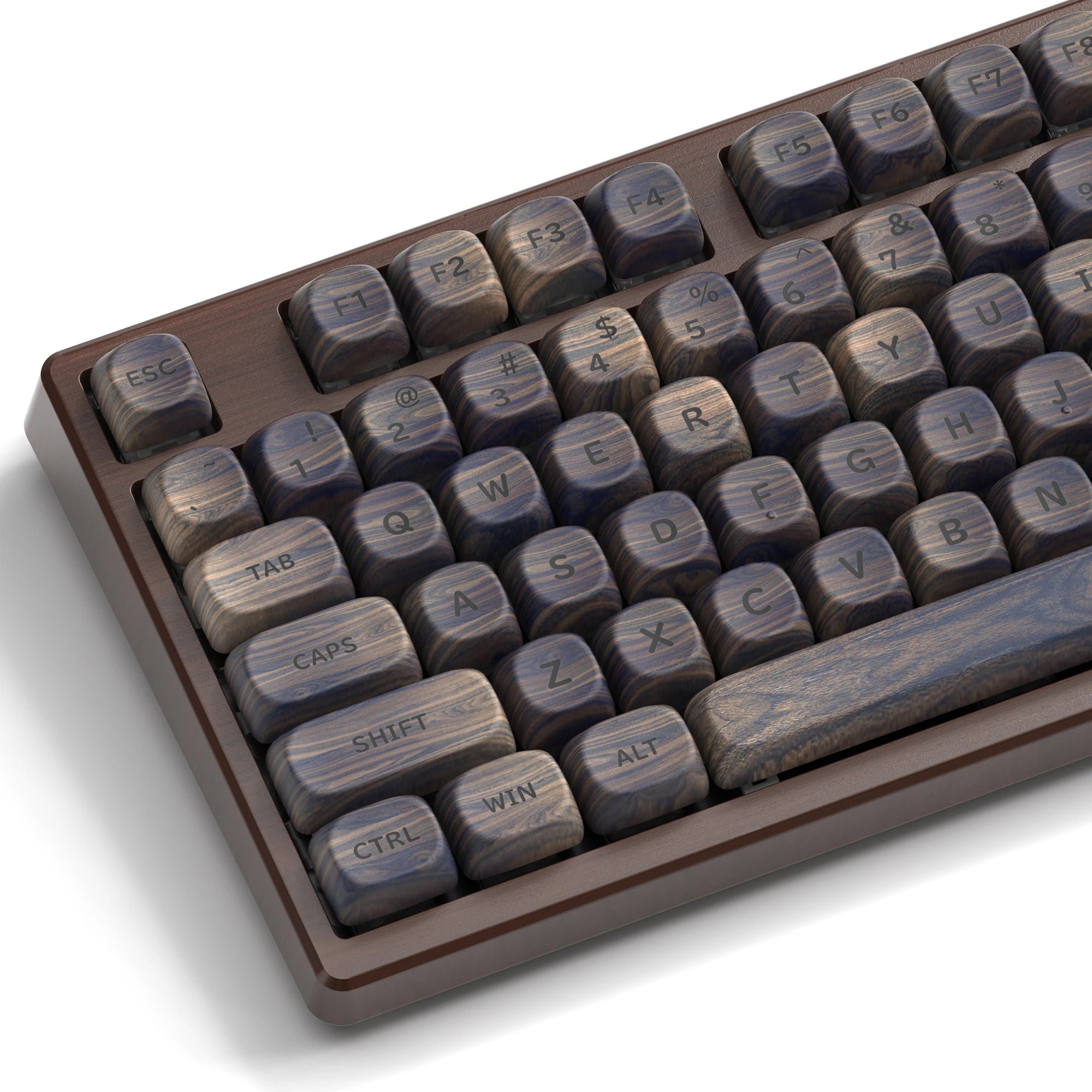 HighPeak Dark Walnut Keycap Set on mechanical keyboard featuring dark wood texture and dye-sub PBT keys for durable Cherry MX compatibility