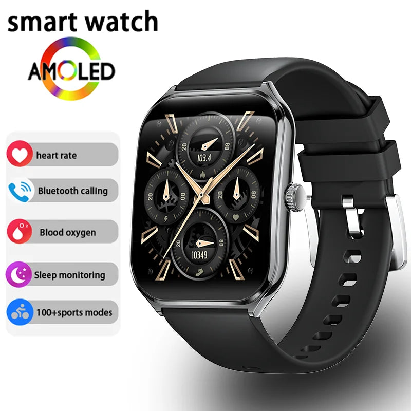CoreOne Smart Watch by HighPeak in black with 1.96” AMOLED display showing analog-style fitness data and sports features.