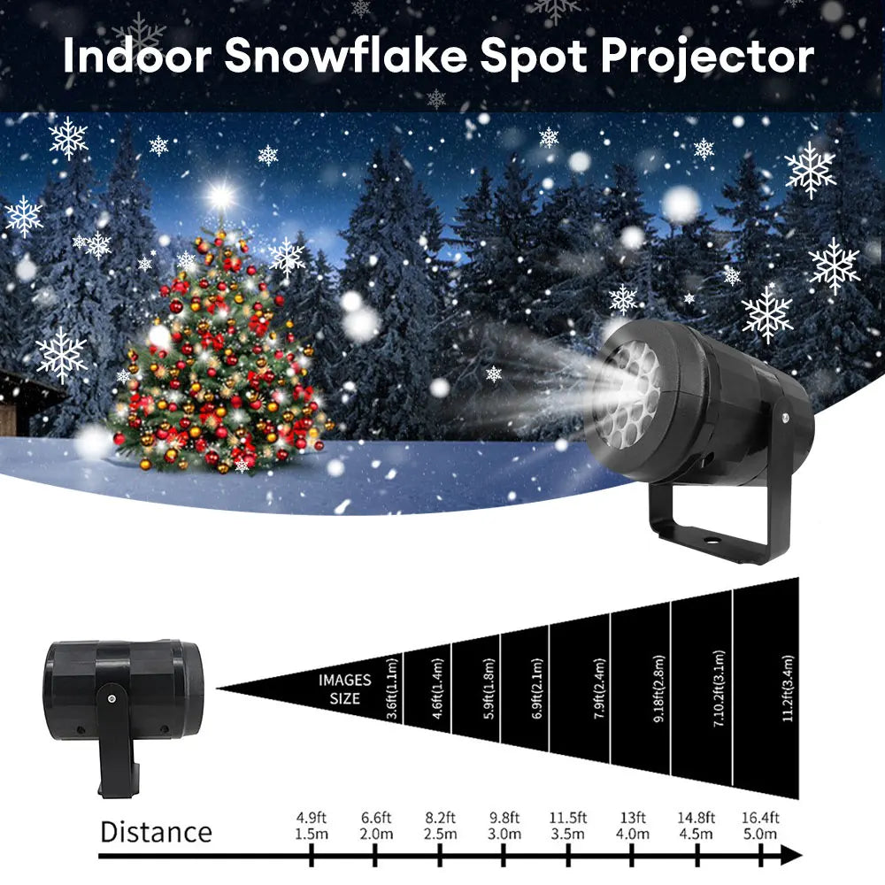 HighPeak FrostBeam Projector showing white snowflake effects on a Christmas tree outdoors with dark snowy forest background