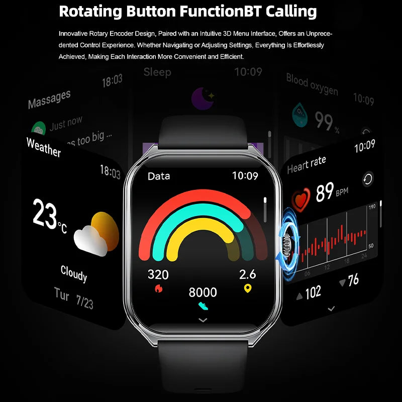 CoreOne Smart Watch by HighPeak displaying colorful fitness data on 1.96” AMOLED screen with rotating button interface