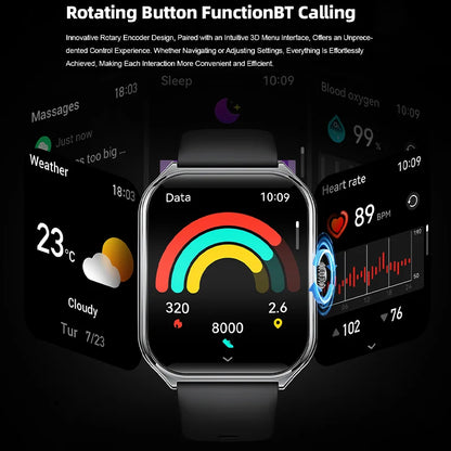 CoreOne Smart Watch by HighPeak displaying colorful fitness data on 1.96” AMOLED screen with rotating button interface