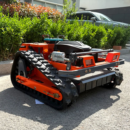 HighPeak Self-Driving Lawn Mower in orange with tracked crawler wheels on pavement, designed for rugged terrain mowing.