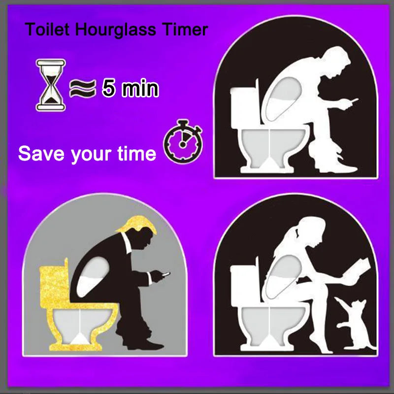 Toilet Timer – Funny Bathroom Gift showing a 5-minute hourglass and humorous toilet silhouette designs in black and gold on purple background