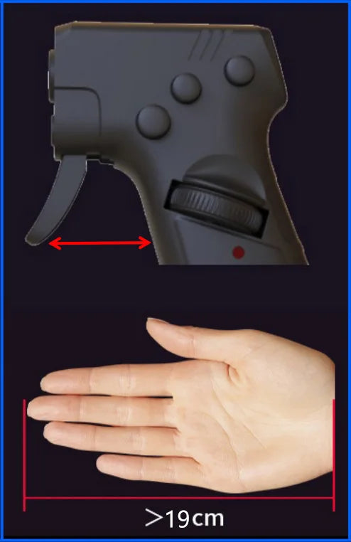 HighPeak RecoilMouse black vertical grip with precision trigger, shown next to hand for size comparison over 19cm length.