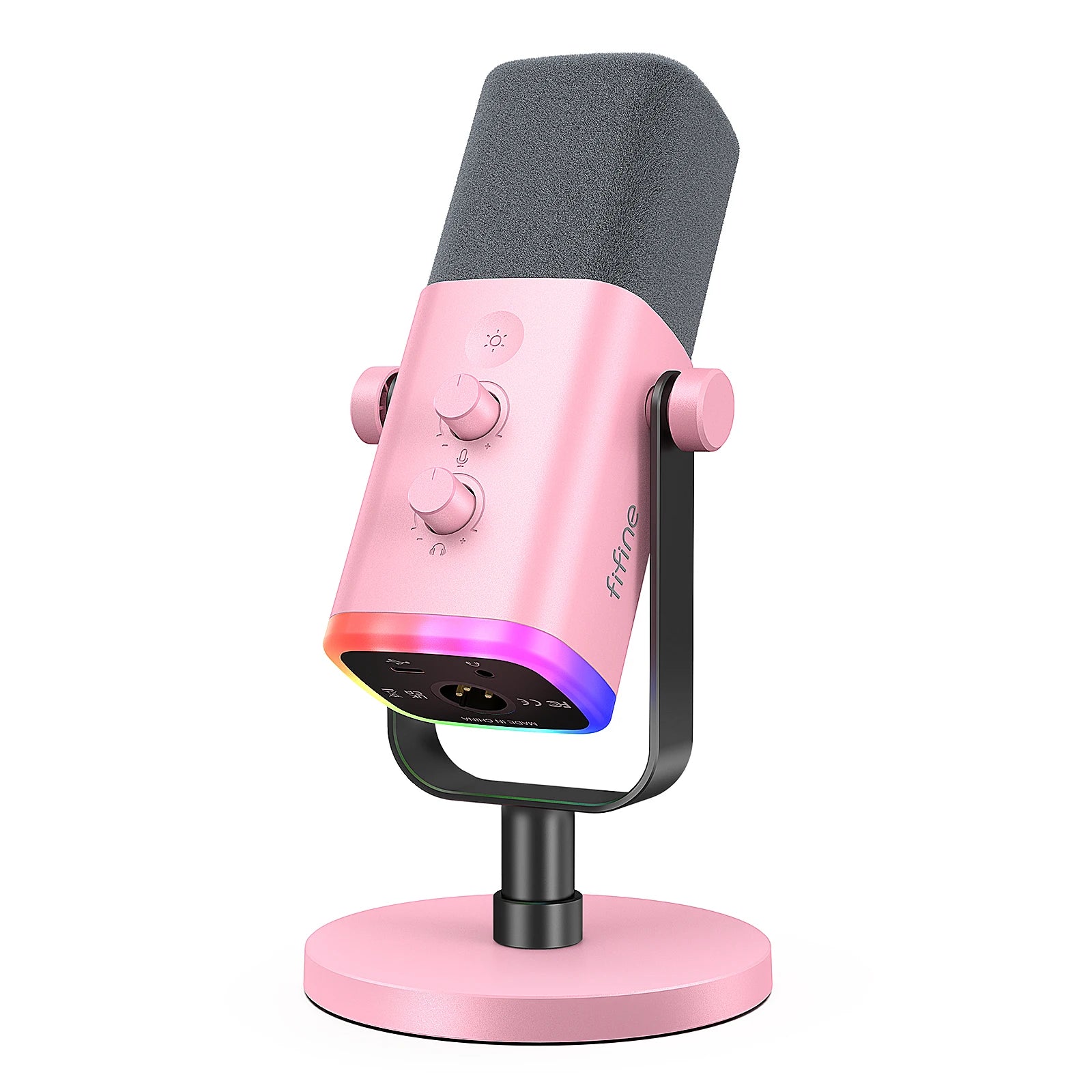 Arcwave Mic in pink with RGB lighting, USB and XLR outputs, gain and mute dials on a round base by HighPeak