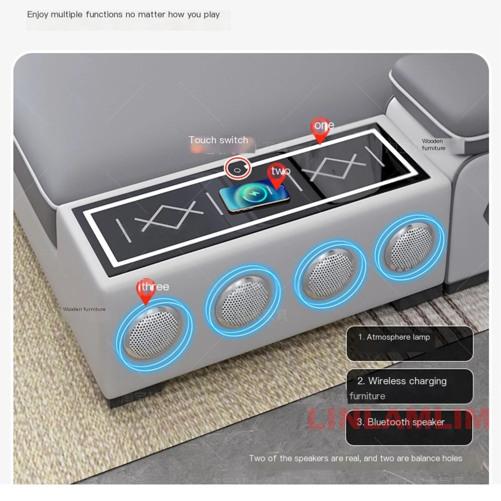 HighPeak Modern Tech Sofa in grey with built-in wireless charging, Bluetooth speakers, and touch switch on armrest panel