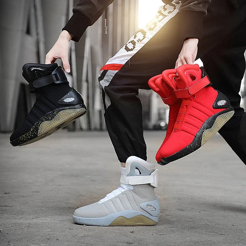 HighPeak NeoVolt Sneakers in black, white, and red with LED lights and futuristic design showcased on urban pavement