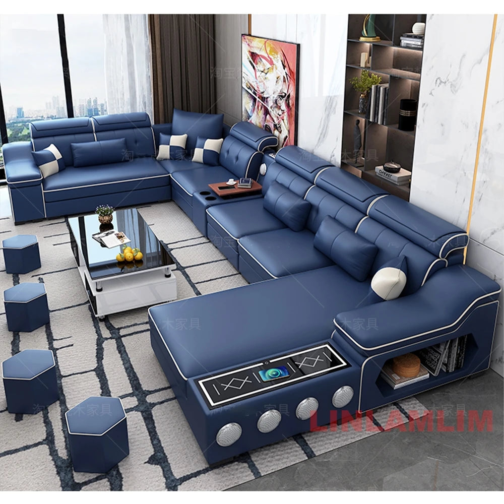 HighPeak Modern Tech Sofa in blue with Bluetooth speakers, USB ports, chaise lounge, and storage in a stylish living room setting