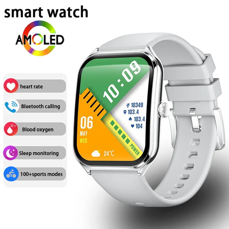 CoreOne Smart Watch by HighPeak with white band, AMOLED display showing fitness and health stats, Bluetooth calling features