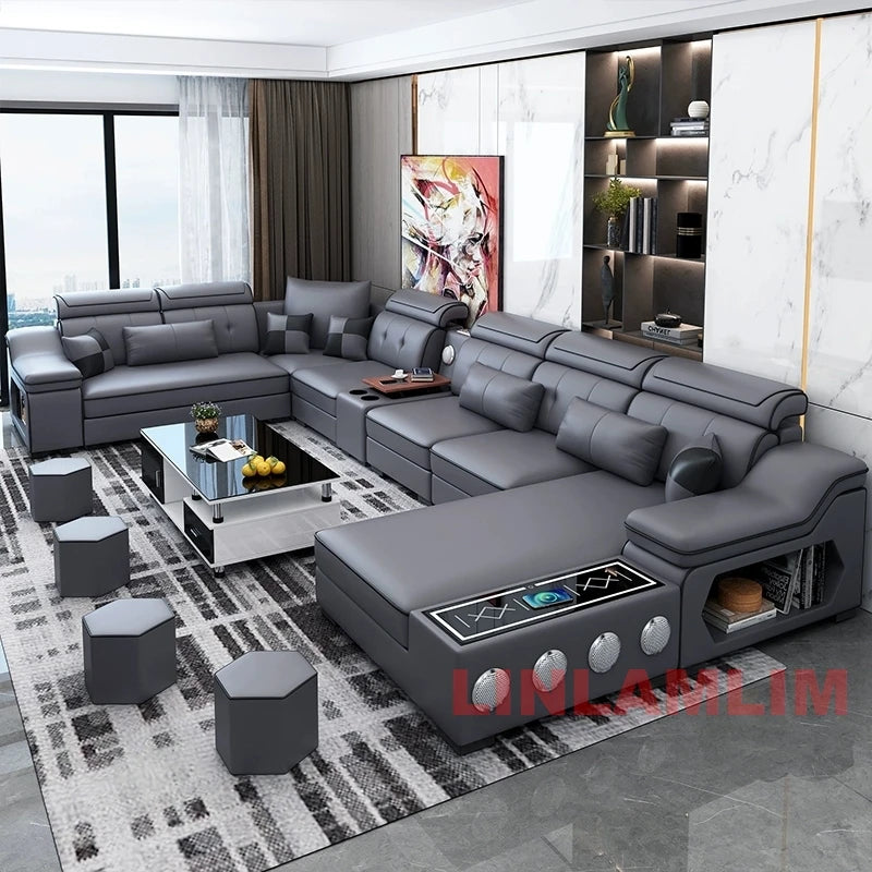 Modern Tech Sofa by HighPeak in gray with Bluetooth speakers, USB charging, modular chaise, and sleek storage in a modern living room setting
