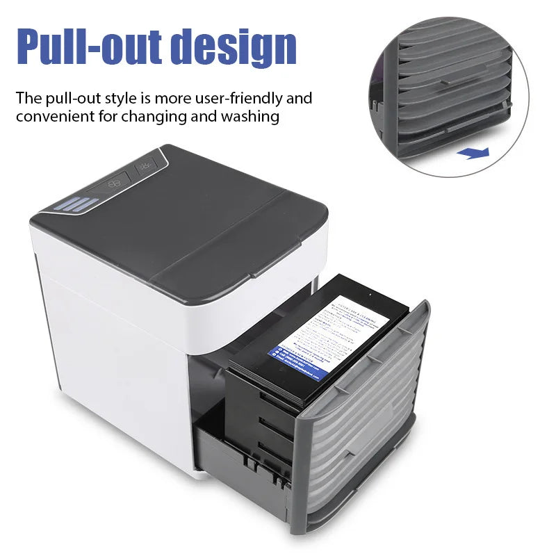 HighPeak Portable AC Unit in white with gray pull-out water tank for easy cleaning and maintenance on a white background