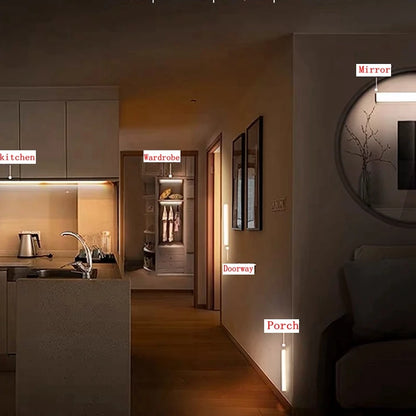 HighPeak Motion Sensor Light glowing warm white under kitchen cabinets and hallway wall for ambient lighting