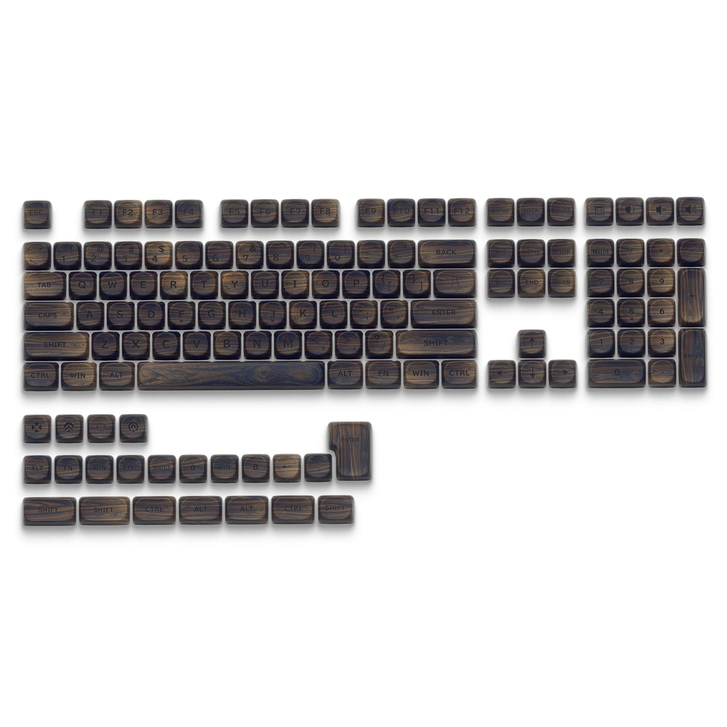 HighPeak Dark Walnut Keycap Set arranged on white background showing full 130-key PBT artisan keycaps with wood texture