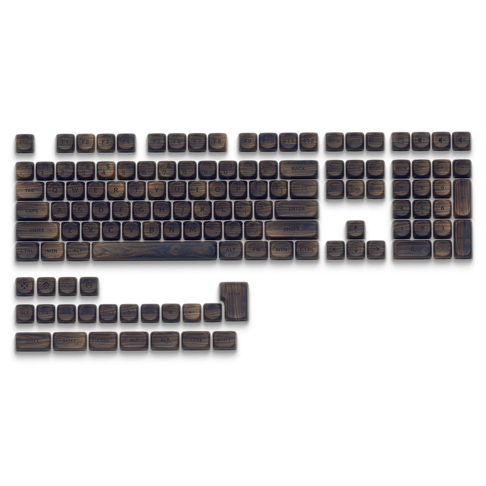 HighPeak Dark Walnut Keycap Set arranged on white background showing full 130-key PBT artisan keycaps with wood texture