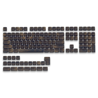 HighPeak Dark Walnut Keycap Set arranged on white background showing full 130-key PBT artisan keycaps with wood texture