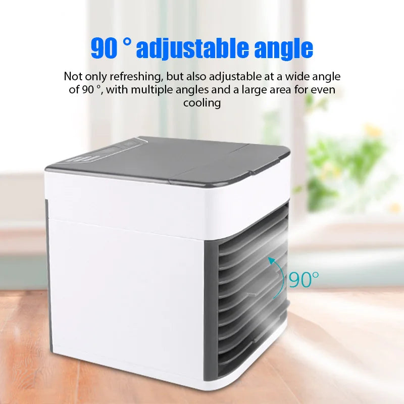 HighPeak Portable AC Unit in white with gray top showing 90-degree adjustable angle on a wooden table near window