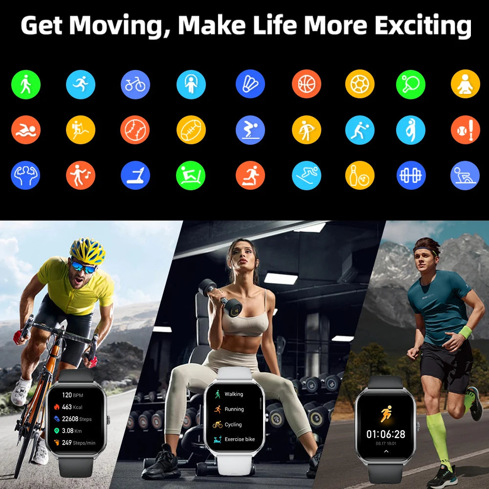 CoreOne Smart Watch by HighPeak showing fitness tracking for cycling, gym workouts, and running in active lifestyle scenes.