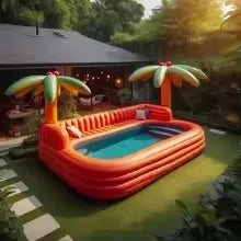 HighPeak Inflatable Sofa Pool in bright orange with built-in lounge seating and palm tree accents in a backyard setting