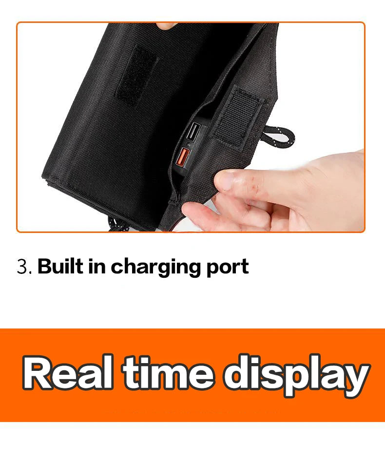 SunVolt Solar Panel close-up of black foldable panel with built-in USB charging ports and hand opening flap by HighPeak