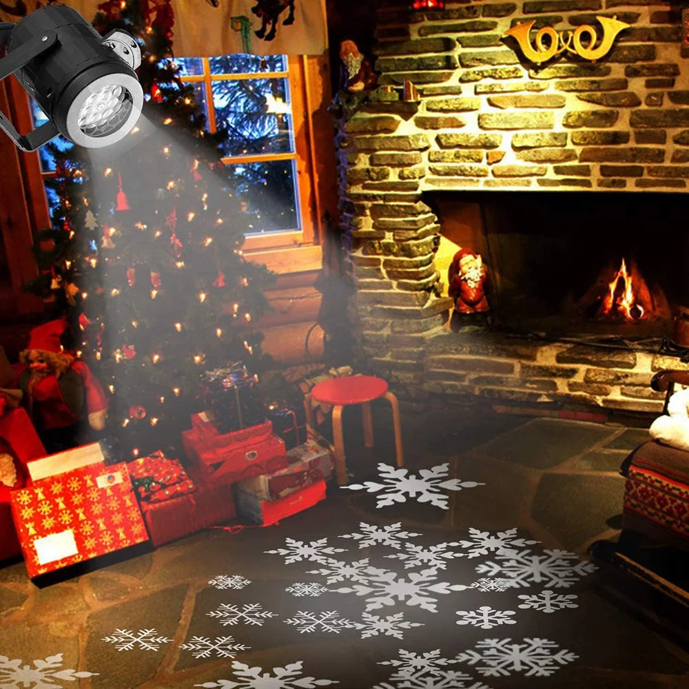 HighPeak FrostBeam Projector casting rotating snowflake patterns in cozy living room with Christmas tree and fireplace
