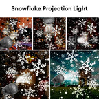 HighPeak FrostBeam Projector showing rotating snowflake projections indoors and outdoors on walls and trees at night