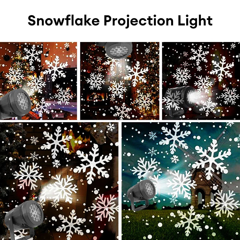 HighPeak FrostBeam Projector showing rotating snowflake projections indoors and outdoors on walls and trees at night