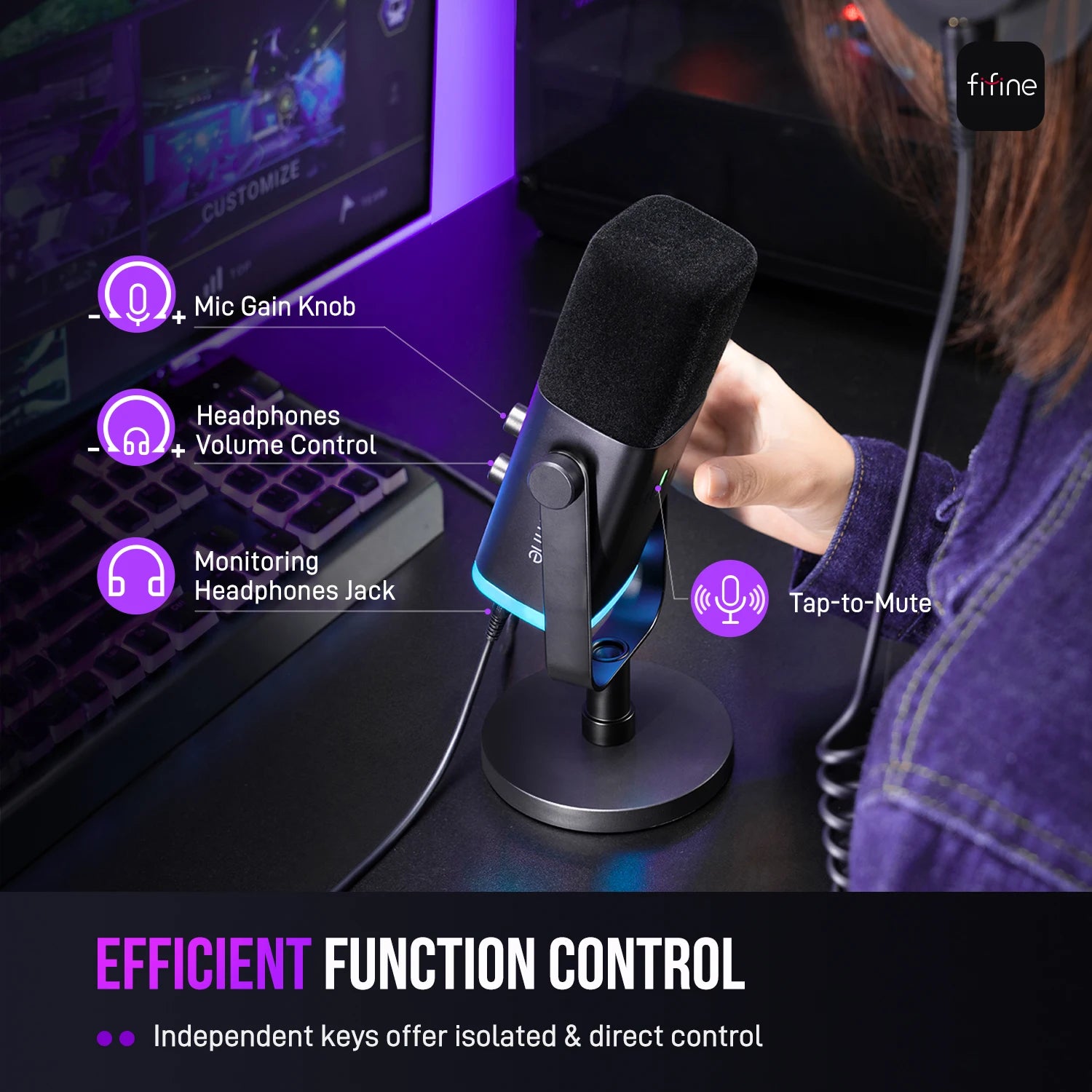Arcwave Mic in black with gain knob and mute control on a desk next to a gaming laptop, sleek setup by HighPeak