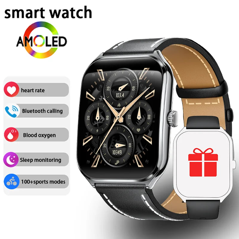 CoreOne Smart Watch with black leather strap showing AMOLED display and key health features by HighPeak