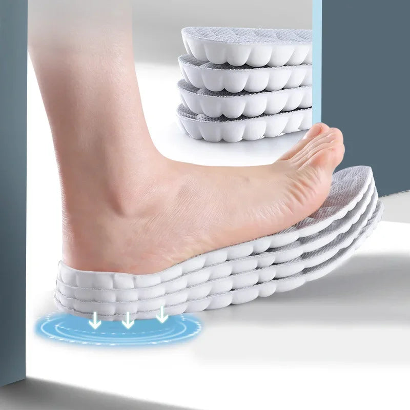 AirFlexx 4D Shock-Absorbing Shoe Insoles in white showing layered cushioning with foot pressing down for shock absorption.