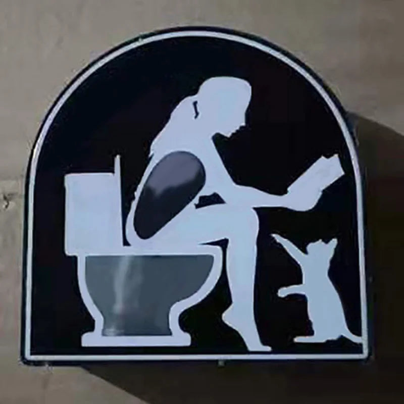 HighPeak Toilet Timer – Funny black and white bathroom sign with person reading on toilet and dog begging below
