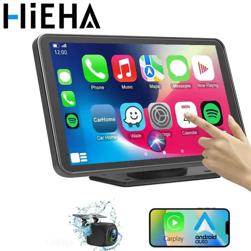HighPeak Drive X 2.0 7-inch touchscreen smart car display showing wireless CarPlay and Android Auto apps with hand interaction.