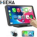 HighPeak Drive X 2.0 7-inch touchscreen smart car display showing wireless CarPlay and Android Auto apps with hand interaction.