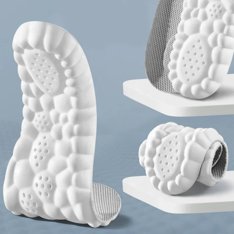 AirFlexx 4D Shock-Absorbing Shoe Insoles by HighPeak in white with massage texture and arch support zones shown flat and rolled.