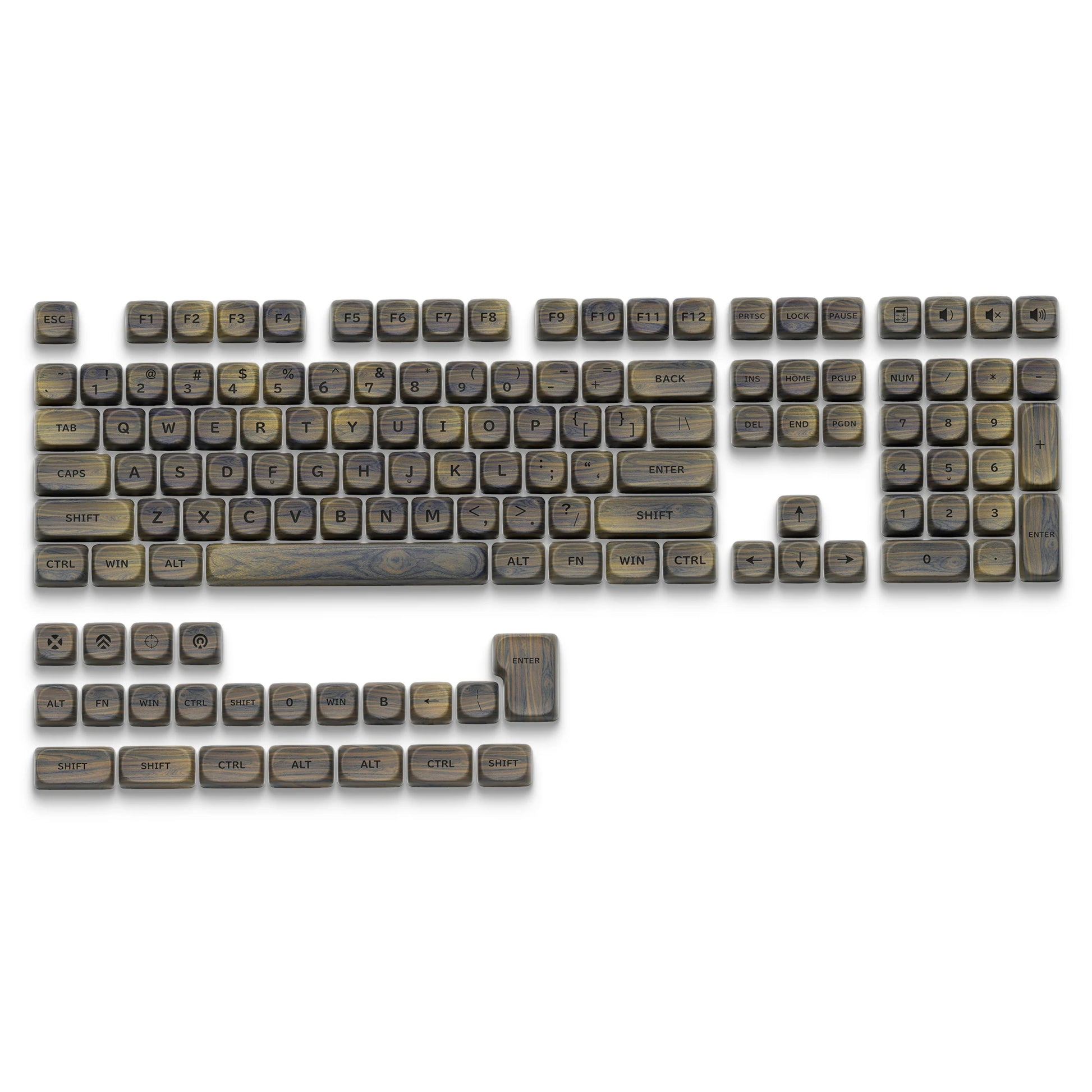 HighPeak Dark Walnut Keycap Set featuring durable PBT dye-sub keycaps with walnut wood texture for Cherry MX keyboards.
