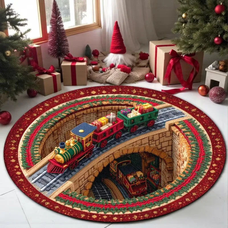 Red Train Rug HighPeak Christmas Train Rug – 3D Holiday Floor Mat for Home Decor
