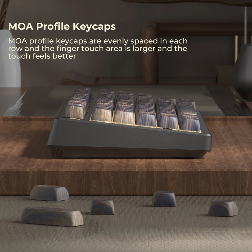 Dark Walnut Keycap Set by HighPeak displayed on a mechanical keyboard with MOA profile wooden keycaps on a wood surface