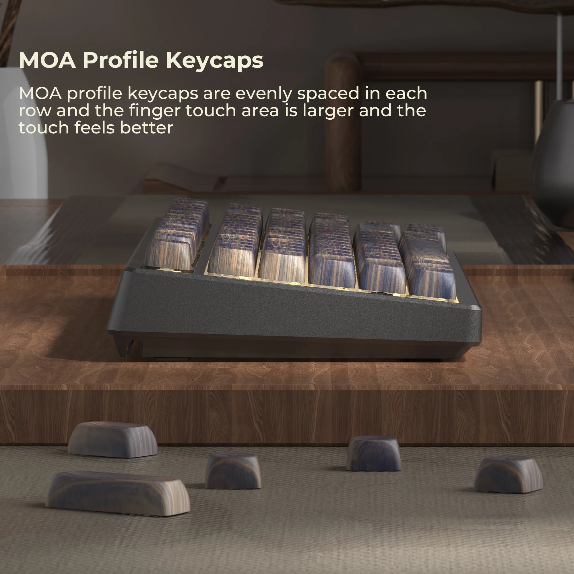 Dark Walnut Keycap Set by HighPeak displayed on a mechanical keyboard with MOA profile wooden keycaps on a wood surface