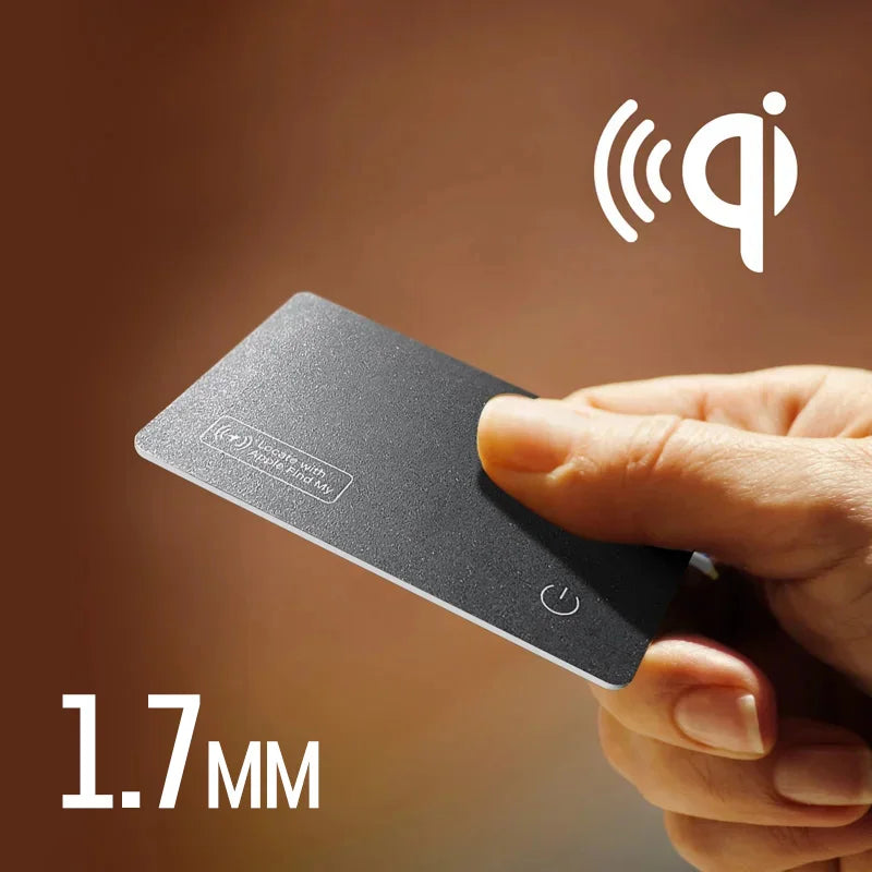 HighPeak Smart Tracker Card in black held by hand showing ultra-slim 1.7mm design for easy wallet fit
