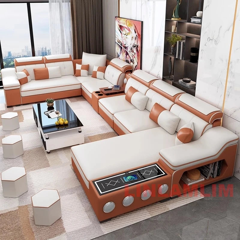HighPeak Modern Tech Sofa in white and brown with Bluetooth speakers, USB charging, chaise lounge, and built-in storage in living room