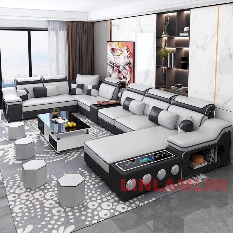 HighPeak Modern Tech Sofa in gray with USB charging, Bluetooth speakers, chaise lounge, and sleek modular design in contemporary living room.