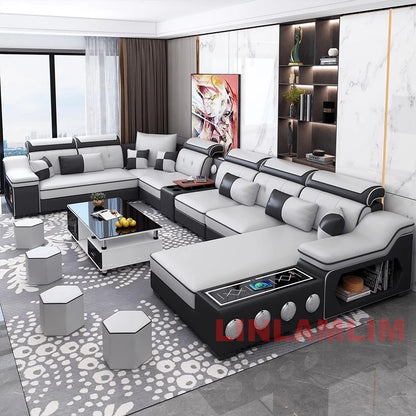 HighPeak Modern Tech Sofa in gray with USB charging, Bluetooth speakers, chaise lounge, and sleek modular design in contemporary living room.