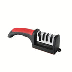 HighPeak Knife Sharpener with red and black ergonomic handle and three-stage stainless steel slots for easy kitchen blade sharpening