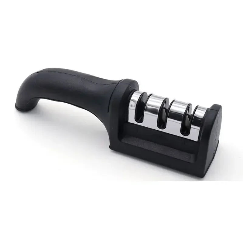 HighPeak Knife Sharpener with black ergonomic handle and three stainless steel sharpening slots on white background
